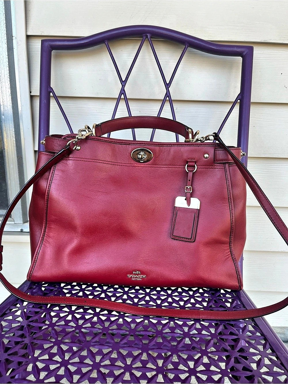 Coach Red Leather Satchel With Gold Tone Hardware & Detachable Strap